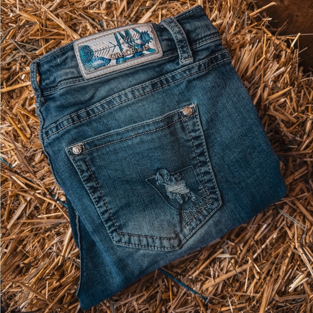 Grace in LA Women's Faded Blue Slim Straight Jeans